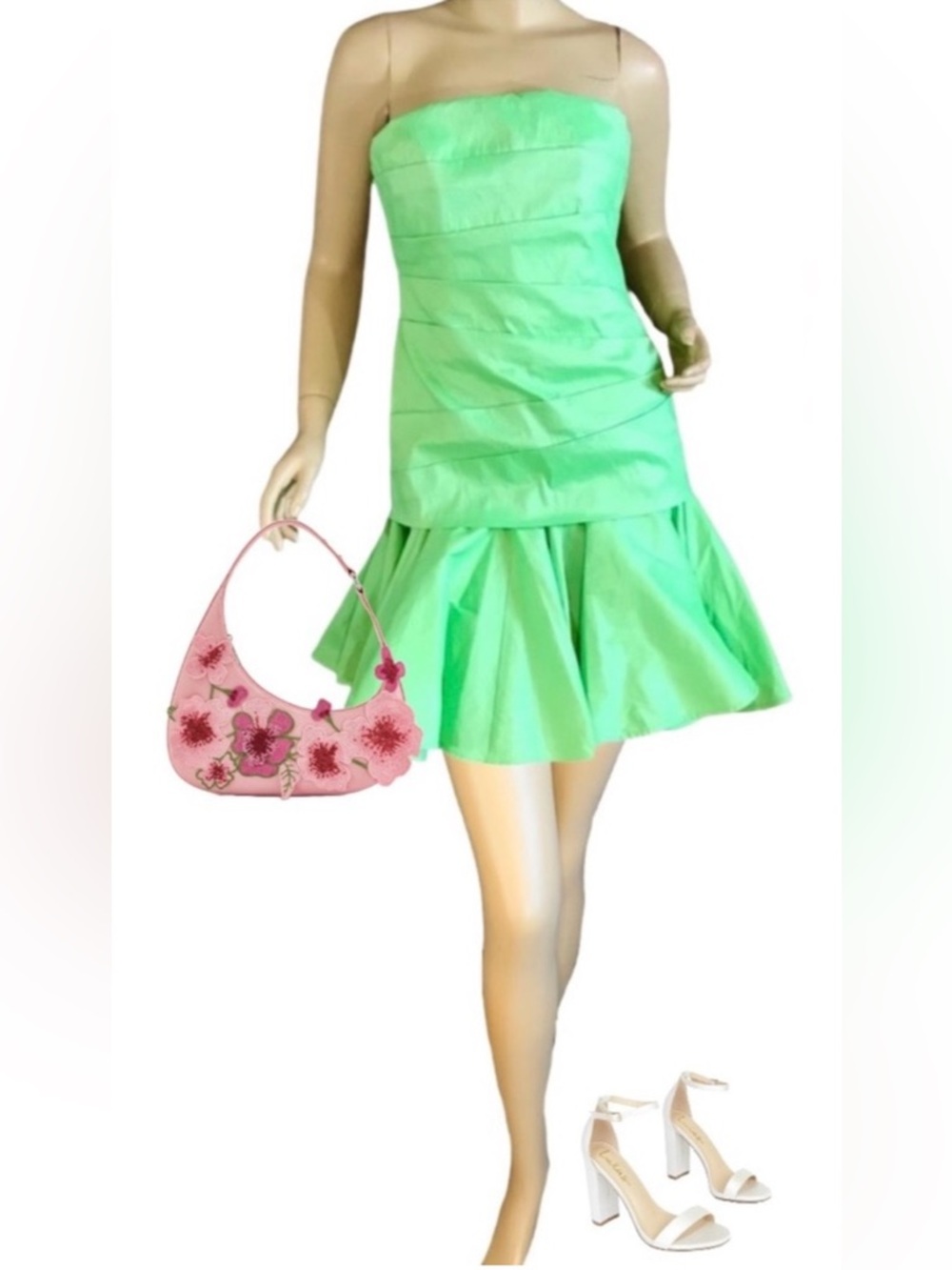 HALSTON HERITAGE GREEN STRAPLESS RUFFLE MINI DRESS NWT (6)